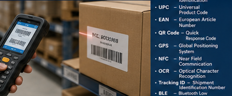 Εργαζόμενος αποθήκης που σαρώνει RFID tags και ετικέτες barcode κατά τη διαχείριση αποθεμάτων