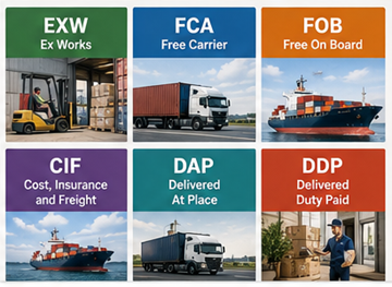 Επισκόπηση συνηθισμένων Incoterms όπως EXW, FOB, CIF, DDP και DAP στην παγκόσμια εφοδιαστική