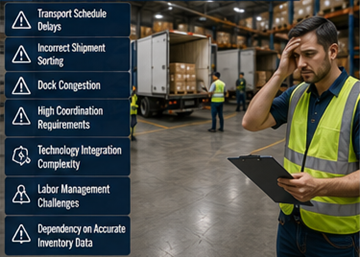 Πολυσύχναστος τερματικός σταθμός logistics που αντιμετωπίζει προκλήσεις συντονισμού cross-docking και μεταφορών