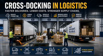 Αποθήκη cross-docking με φορτηγά που φορτώνουν και εκφορτώνουν εμπορεύματα σε σύγχρονο ευρωπαϊκό κέντρο logistics