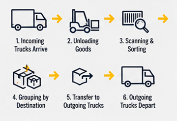 Ροή εργασίας cross-docking με εισερχόμενα και εξερχόμενα φορτηγά logistics