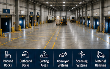 Τερματικός σταθμός cross-docking με ράμπες φόρτωσης, φορτηγά και λειτουργίες ταξινόμησης