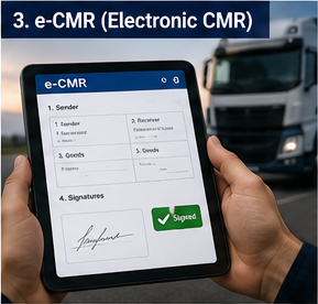 Οδηγός χρησιμοποιεί ψηφιακό έγγραφο e-CMR σε tablet κατά τη διάρκεια μεταφοράς logistics