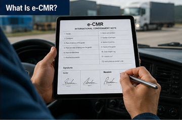 Ψηφιακό έγγραφο CMR σε tablet που χρησιμοποιείται από οδηγό σε περιβάλλον οδικών logistics
