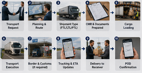 Διαδικασία οδικών logistics στην Ευρώπη με φορτηγά, αποθήκες και διεθνείς μεταφορές φορτίου