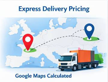 Διαδρομή express παράδοσης σε χάρτη της Ευρώπης με φορτηγό και υπολογισμένη τιμή μεταφοράς από Google Maps