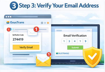 Επαλήθευση διεύθυνσης email στο ExusTrans με αριθμητικό κωδικό επιβεβαίωσης κατά την εγγραφή πελάτη