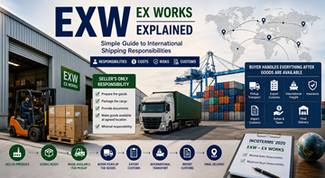 Διεθνείς μεταφορές και λειτουργίες logistics αποθήκης που εξηγούν τους όρους αποστολής EXW Ex Works στο παγκόσμιο εμπόριο