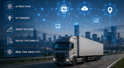 Μελλοντική τεχνολογία logistics με παρακολούθηση αποστολών με AI, έξυπνα συστήματα μεταφορών και ψηφιακή ορατότητα εφοδιαστικής αλυσίδας