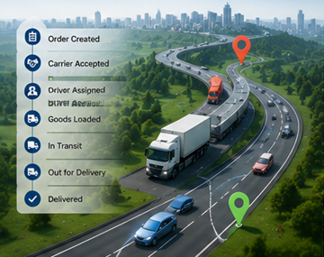 Σύγχρονη διαδικασία παρακολούθησης logistics που δείχνει παρακολούθηση φορτηγού μέσω GPS, ψηφιακά συστήματα μεταφορών και ενημερώσεις αποστολής