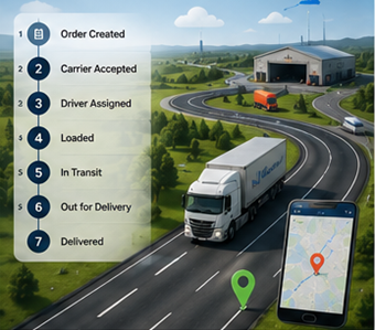 Ψηφιακή διαδικασία logistics που δείχνει παρακολούθηση αποστολής, διαδρομές GPS και ενημερώσεις κατάστασης μεταφοράς