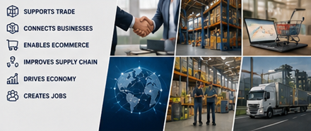 Εφοδιαστική αλυσίδα ευρωπαϊκών logistics με αποθήκες, φορτηγά και λειτουργίες διανομής
