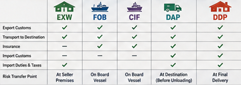 Σύγκριση ευθυνών αποστολής EXW, FOB, CIF, DAP και DDP στις διεθνείς μεταφορές