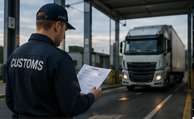 Στελέχη logistics και τελωνειακοί υπάλληλοι ελέγχουν ασφαλιστικά και μεταφορικά έγγραφα κατά τη διάρκεια μεταφορικής εργασίας