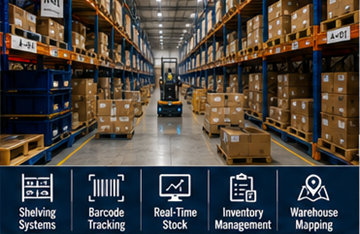 Μεγάλο κέντρο fulfillment που αποθηκεύει απόθεμα e-commerce σε ράφια αποθήκης