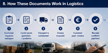 Ροή εργασίας logistics που δείχνει προσφορά, τιμολόγιο, απόδειξη και διαδικασία πληρωμής σε πλατφόρμα μεταφορών