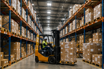 Μεγάλη αποθήκη logistics με ραφιέρες, περονοφόρα και παλέτες