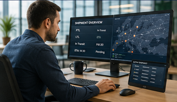 Διαχειριστής μεταφορών που χρησιμοποιεί λογισμικό logistics με συντομογραφίες οδικών μεταφορών και παρακολούθηση αποστολών