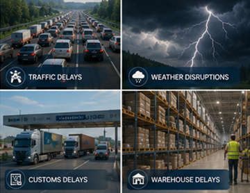 Προκλήσεις στις μεταφορές logistics, όπως καθυστερήσεις, κυκλοφορία, καιρός και προβλήματα ορατότητας αποστολών