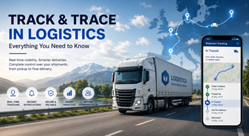 Σύγχρονο σύστημα track and trace στη logistics που δείχνει ορατότητα αποστολών φορτηγών, παρακολούθηση GPS και παρακολούθηση παράδοσης σε πραγματικό χρόνο σε όλη την Ευρώπη