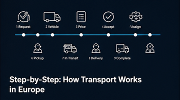 Διαδικασία logistics βήμα-βήμα, ροή εργασίας μεταφοράς, παραλαβή, παράδοση, tracking, οδηγός, σχεδιασμός διαδρομής στην Ευρώπη