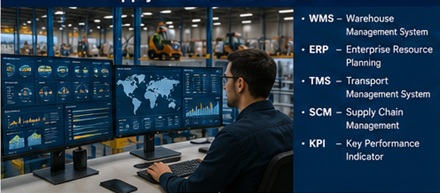 Συντονιστής logistics αποθήκης που παρακολουθεί αποθέματα και λειτουργίες εφοδιαστικής αλυσίδας σε ψηφιακές οθόνες